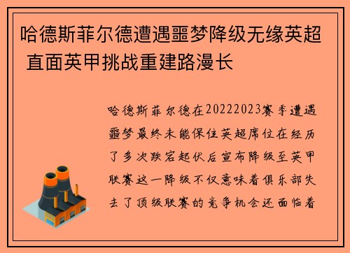 哈德斯菲尔德遭遇噩梦降级无缘英超 直面英甲挑战重建路漫长