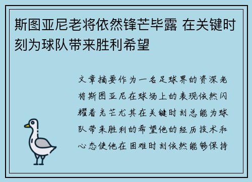 斯图亚尼老将依然锋芒毕露 在关键时刻为球队带来胜利希望